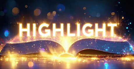 Aufkleber - Open book radiates bright light. Sparkling particles surround pages. Dramatic illumination creates magical effect. Text reads HIGHLIGHT.