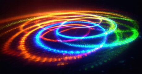 Leinwandbilder - Bright colorful spirals radiate from center. Vivid hues blend, creating dynamic light effect against dark background.