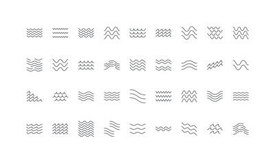 Wave pattern, geometric tiles, curvy lines of water stream, ocean and sea surf icon set. River frames of different forms, flowing curves texture thin black outline symbols vector illustration