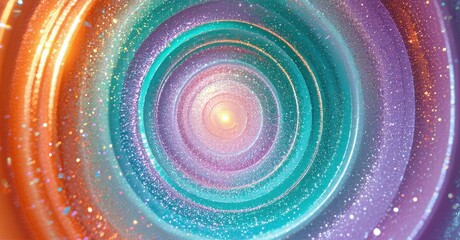 Aufkleber - Vibrant spiral pattern. Concentric circles radiate from bright center. Colors blendorange, teal, purple. Sparkling effects create dynamic visual.
