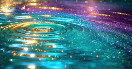 Poster - Vibrant water ripples, sparkling lights create mesmerizing effect. Colors blend beautifully, forming abstract patterns. Fluidity dominates scene.