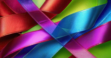 Poster - Colorful ribbons intersect, creating vibrant texture. Bright hues overlap, forming abstract patterns. Smooth satin material dominates composition.