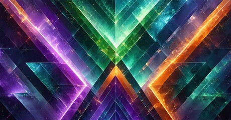 Poster - Vibrant geometric abstraction. Diagonal lines create dynamic, colorful patterns. Bright hues suggest cosmic energy, light effects present.
