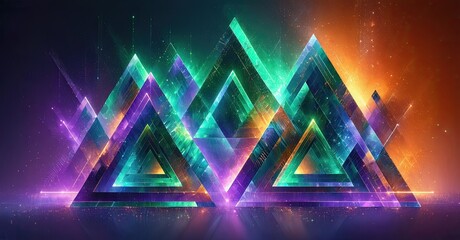 Poster - Abstract triangles glow, vibrant colors blend. Digital art, futuristic design, intense light effects create dynamic composition.