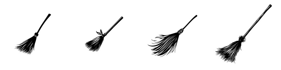Poster - Set of simple black broom icons depicting cleaning tools in various orientations suitable for design projects