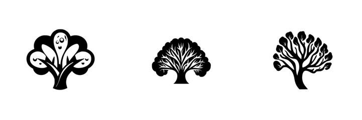 Poster - Unique black icons of stylized trees showcasing various designs and shapes suitable for graphic projects