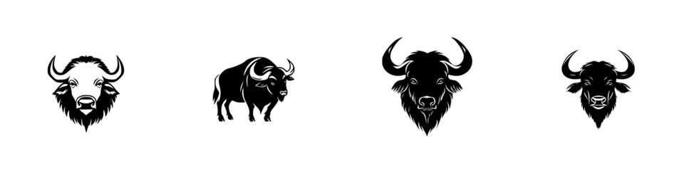 Poster - Black icon set featuring stylized buffalo heads and full-body representation in minimalist design