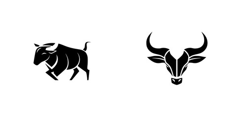 Poster - Black minimalist icons of a walking cow and a bull head designed for creative use