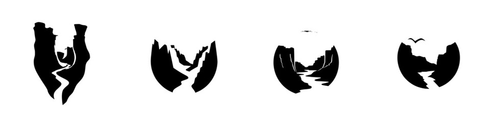 Poster - Black icon set featuring abstract mountain and river designs representing landscapes in minimalistic style