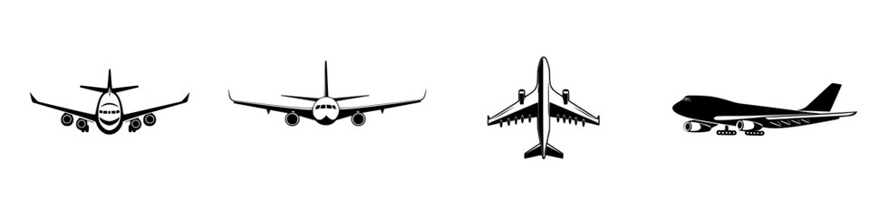 Poster - Collection of black icons representing various airplane designs and perspectives for aviation-themed projects