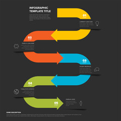 Poster - This modern infographic template features a 5 step process shown with colorful winding arrows on a dark background. Use this versatile template for clear process steps in presentations.