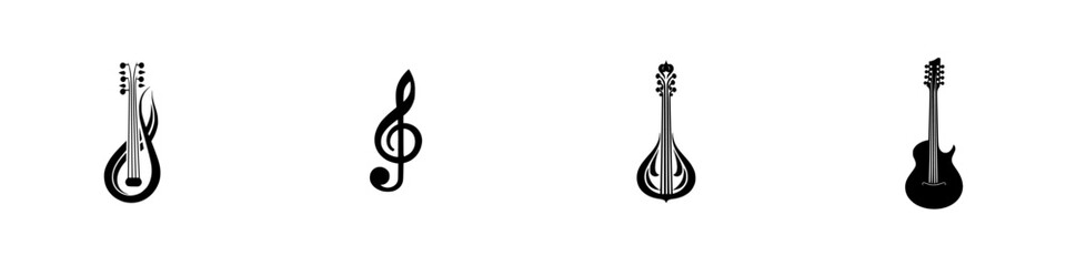 Poster - Collection of black musical icons representing diverse instruments and symbols in a minimalist design