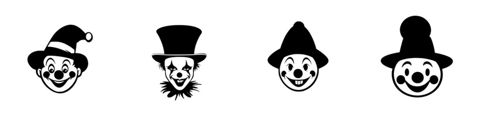 Poster - Collection of black icons featuring various clown faces with distinct hats and expressions for creative design use