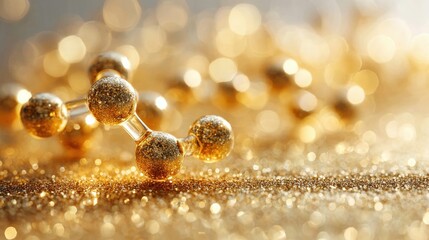 Poster - A close-up of golden molecular model spheres connected by rods, surrounded by sparkling golden bokeh lights.