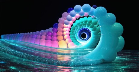 Poster - Bright spiral form resembles reptile. Colorful orbs create body, head. Reflection visible below, dark background enhances glow.