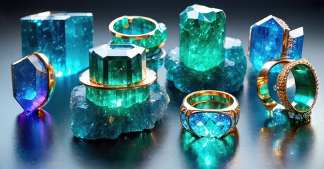 Poster - Vibrant gemstones, rings, crystals displayed. Blue, green hues dominate composition. Luxurious jewelry presentation, dramatic lighting effects present.
