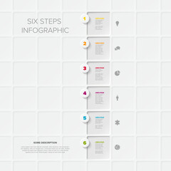 Poster - A clean vertical six steps infographic template on a bright background. This template is perfect for illustrating a six-step process or sequence with easily identifiable icons.