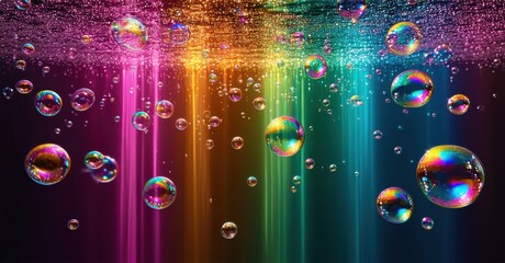 Poster - Colorful bubbles float against dark background. Rainbow light beams shine upwards, creating vibrant spectacle. Glitter adds sparkle.