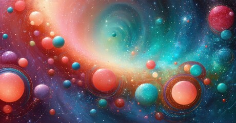 Poster - Vibrant cosmic scene. Spheres, swirls, nebulas blend. Colors radiate, creating fantastic space view. Stars shimmer throughout.