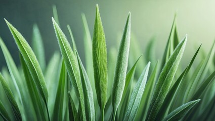 Poster - close-up of vibrant green grass blades illuminated by soft light. The blades showcase intricate details and textures, creating a soothing and refreshing visual experience