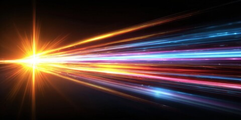 Poster - A vibrant burst of multicolored light beams radiates from a bright source against a dark background, creating a dynamic and energetic visual effect.