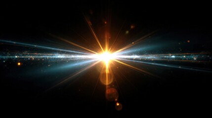 Poster - A bright, radiant light source with lens flare effects against a dark background, resembling a sunrise or an intense starburst in space.