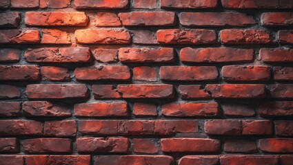 Fototapete - a weathered red brick wall, with each brick showcasing its unique texture and character, highlighting the enduring strength and timeless appeal of the material. The wall, illuminated by a soft light.