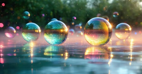 Poster - Colorful bubbles float above reflective water. Light creates vibrant hues, shimmering surfaces, dreamy atmosphere. Peaceful scene.