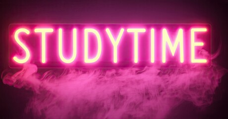 Aufkleber - Bright pink neon sign spells STUDYTIME. Smoke swirls beneath text against dark background. Vibrant, modern aesthetic.
