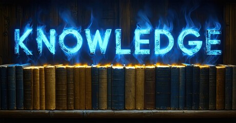 Aufkleber - Glowing word knowledge above stacked books. Dark background creates dramatic effect. Books suggest learning, wisdom, history.