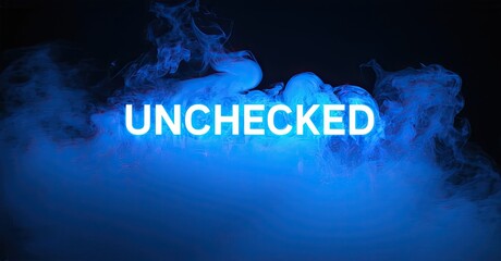 Aufkleber - Blue smoke fills frame. White text reads UNCHECKED. Dramatic lighting creates intense visual impact. Mysterious, ethereal quality present.