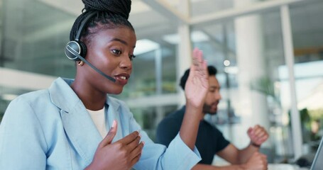Aufkleber - Call center, woman and coworking in office with crm, communication and online consultant. Contact us, headset and technical service help, customer support or advice for assistance hotline agency