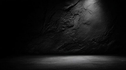 Poster - Dark textured wall and floor under subtle overhead lighting creating a moody, mysterious ambiance in an empty space.