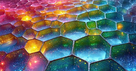 Poster - Colorful bubbles form hexagonal patterns. Vibrant hues blend, creating cosmic reflections within each cell. Abstract, beautiful texture.