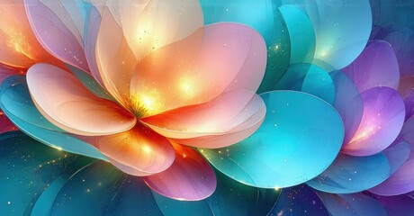 Poster - Vibrant floral display. Petals blend orange, blue, purple hues. Light radiates from center, creating ethereal effect. Beautiful, colorful.