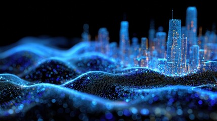 Poster - Futuristic digital cityscape with glowing blue data waves and skyscrapers made of illuminated dots and lines on a dark background.