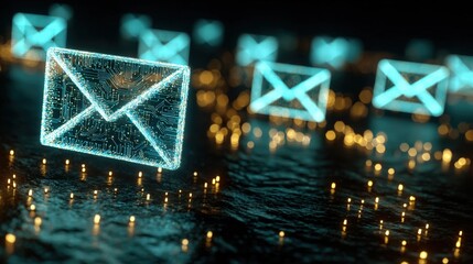 Poster - Digital glowing envelope icons representing email communication float over a dark, futuristic, circuit-like background with bokeh light effects.
