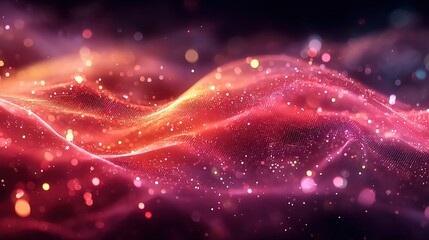 Fototapete - A vibrant, abstract digital wave of glowing particles illuminates the dark background with shades of pink, orange, and purple in a dynamic, flowing pattern.