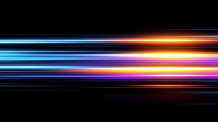Fototapete - Horizontal streaks of colorful light in blue, orange, pink, and yellow on a black background, creating a dynamic and futuristic visual effect.