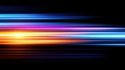 Poster - Bright horizontal light streaks in blue, purple, and orange hues on a black background, creating a dynamic and futuristic visual effect.