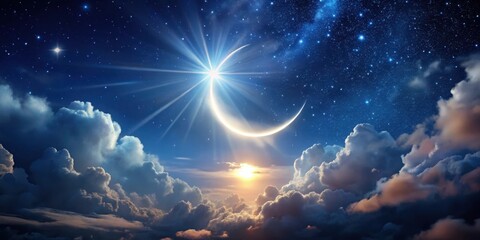 Wall Mural - A crescent moon shines brightly in a star-filled night sky with soft glowing clouds and rays of light radiating from its surface, celestial body, radiant