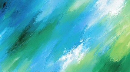 Poster - Abstract painting with sweeping brushstrokes in shades of blue, green, and white, creating a dynamic, flowing texture and a calming visual effect.