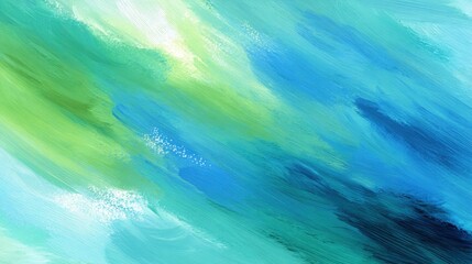Poster - Abstract painting with dynamic brushstrokes in shades of blue, green, and white creating a flowing, watery effect.