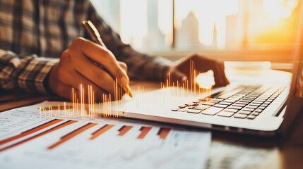 Poster - Business Analysis: A focused individual meticulously examines financial data, using a laptop and handwritten notes to analyze market trends.