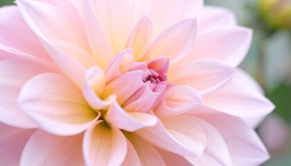 Wall Mural - Soft pink dahlia blossom in delicate detail, petals overlapping, creamy center