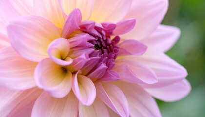 Wall Mural - Close-up of a dahlia with pink and yellow petals, tightly wound center, and soft lighting