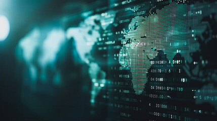 Poster - Digital World: A stunning, close-up view of a world map, seamlessly overlaid with data streams. The image portrays a sense of interconnectedness and the ever-evolving digital landscape. 