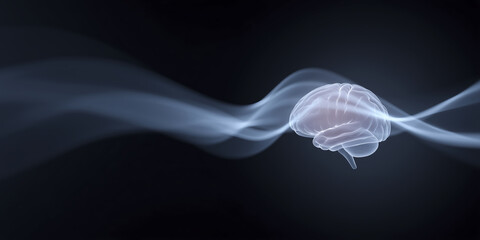 Poster - Abstract illustration of a human brain surrounded by flowing smoke-like waves, representing thoughts, ideas, and creativity in a dark atmospheric background