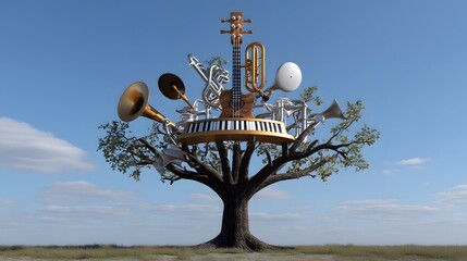 A whimsical, surreal tree sculpture composed of a diverse array of musical instruments, blending the natural and technological in a harmonious fusion of sound and nature.