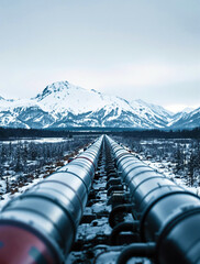 Natural gas pipeline in snowy Alaska landscape, surrounded by forest and mountains under soft winter lighting
